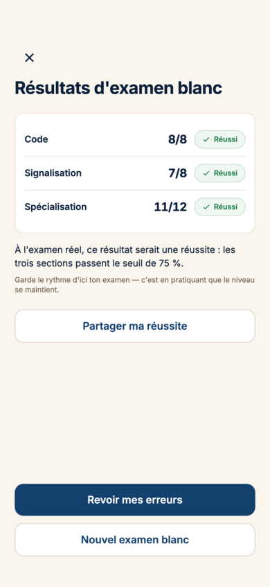 Résultats d’un examen blanc, notés section par section