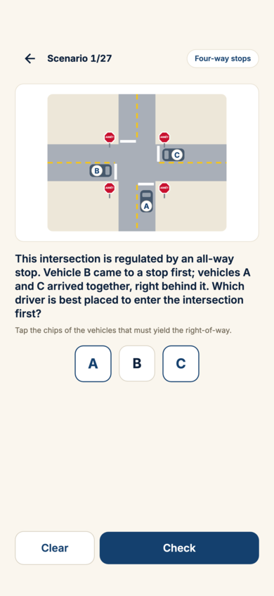 A right-of-way scenario at an intersection, broken down